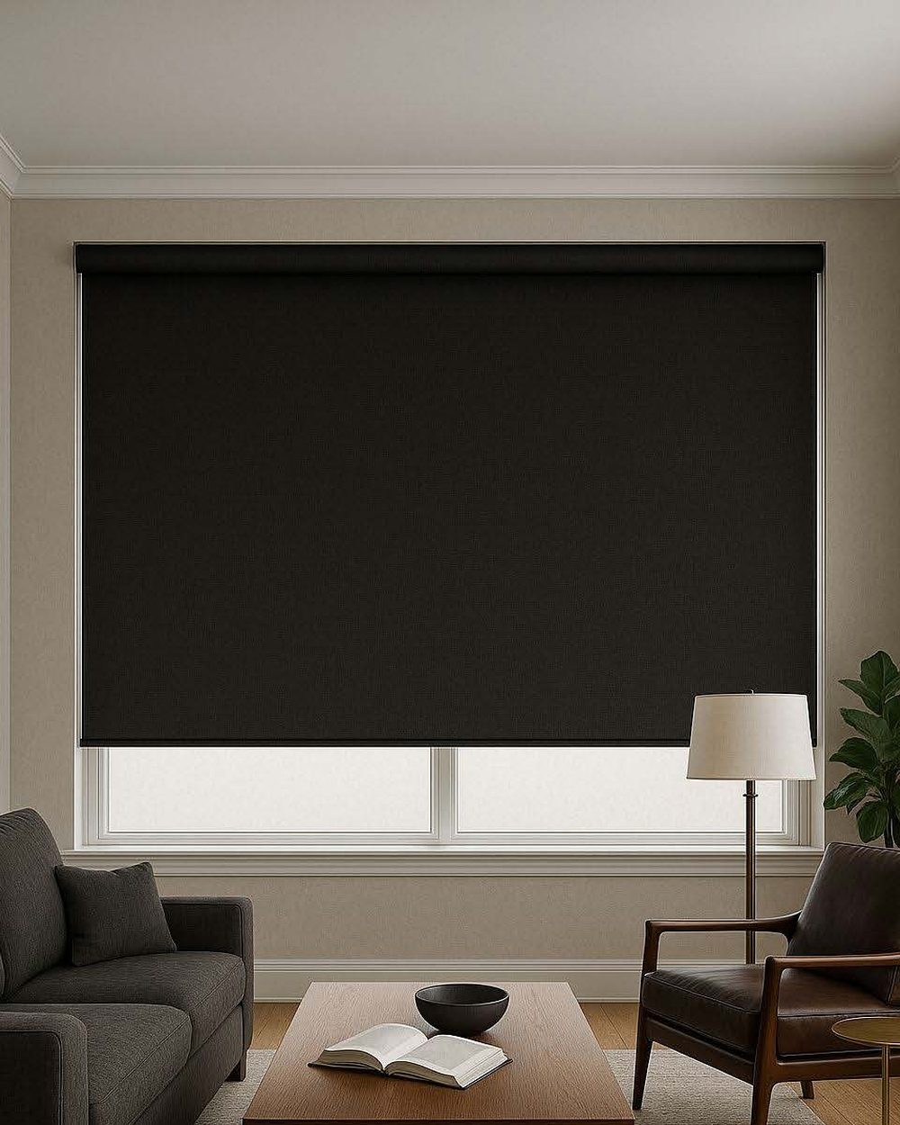 Blackout roller blind fitted in a living room window