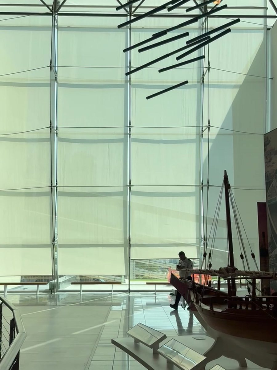 Motorised solar shading, glazed atrium, Cultural building, UAE