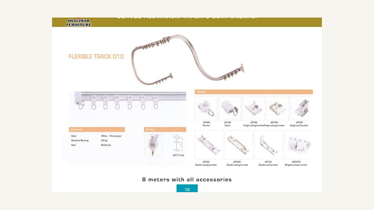 Flexible curtain track bent to a curve, with components
